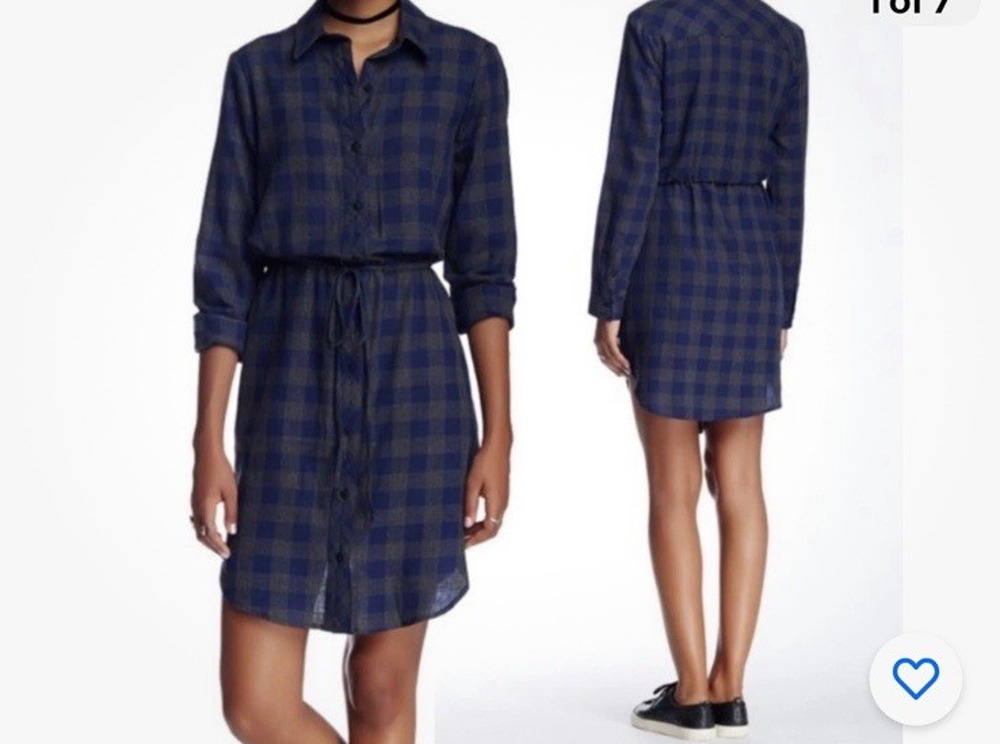Anthropologie Ro & De Blue Gray Plaid Flannel Belted Dark Academia Shirtdress S